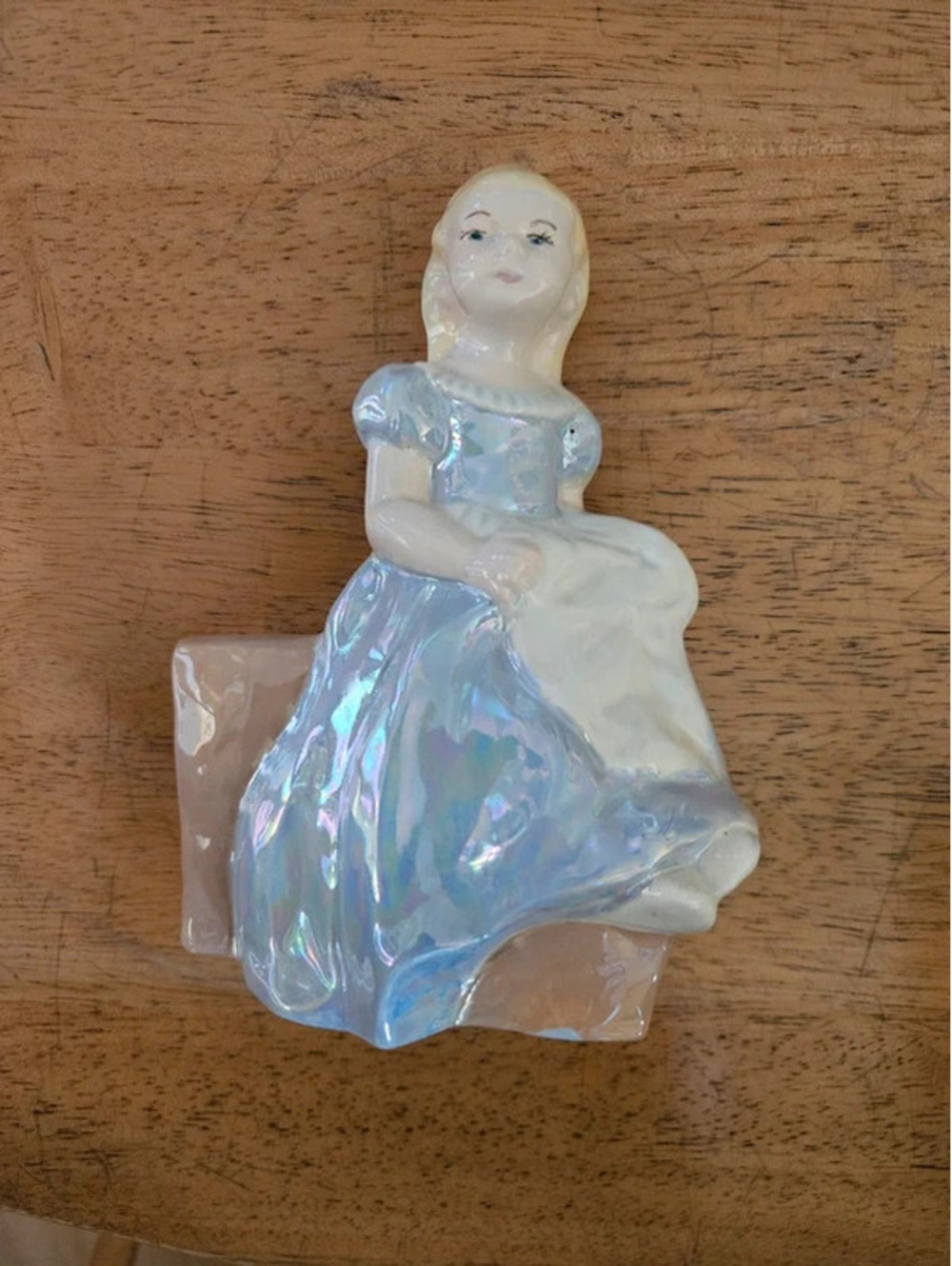Vintage Lusterware Girl Figurine Iridescent Blue Dress Ceramic Mid Century Decor